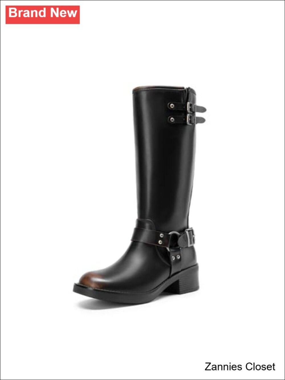 ✨ Knee High Moto Boots Faux Leather Square Toe Block Heel Buckle Zip Women's